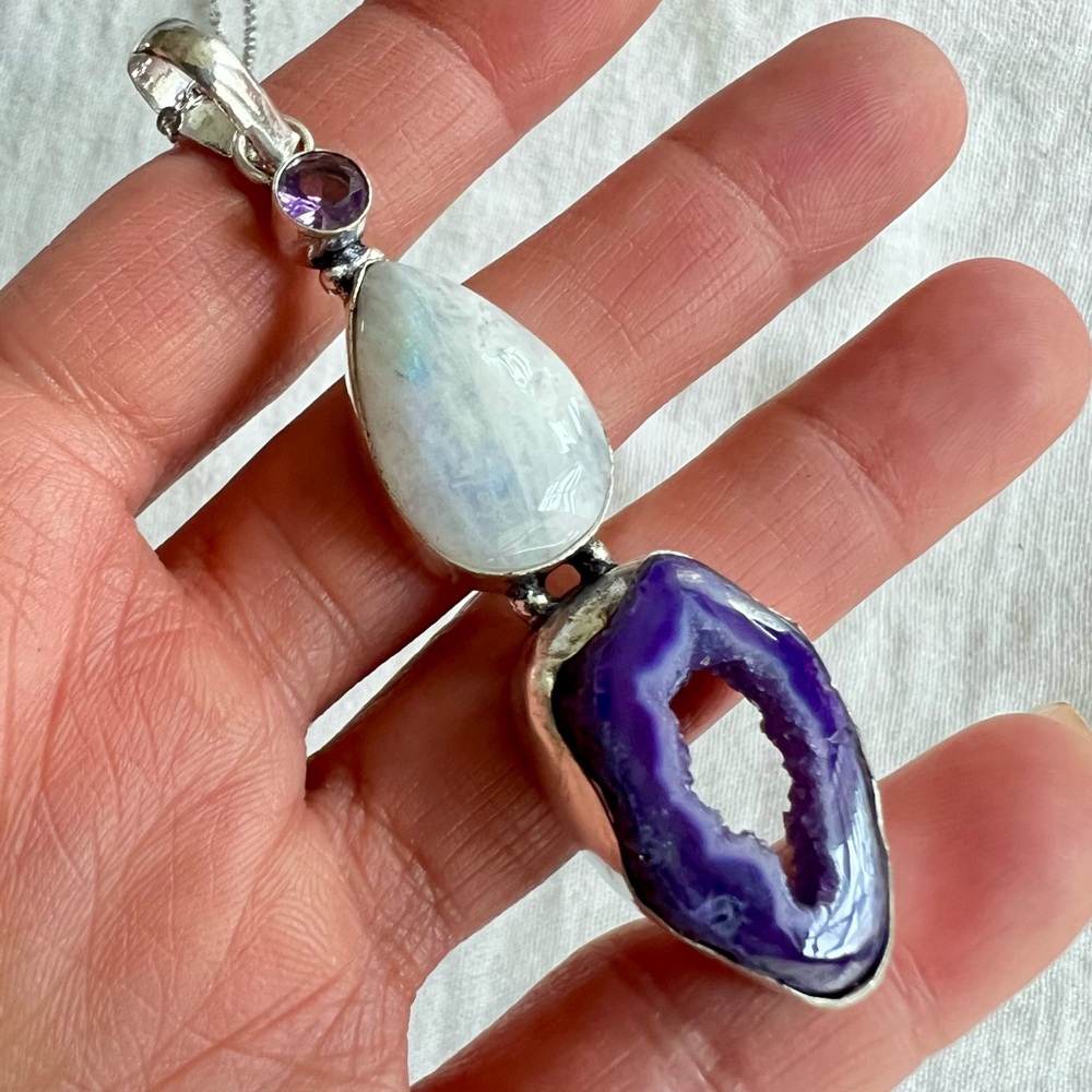 925 INDIGO 3rd Eye Window Solar Quartz + Rainbow Flash Moonstone Necklace